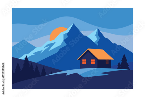 Serene Mountain Cabin Sunset A Peaceful Landscape Illustration
