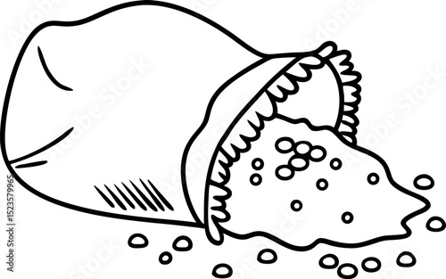 Cloth sack filled with lentils, open bag spilling legumes, simple black line illustration, healthy food