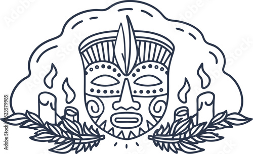 Tribal mask illustration with candles and leaves ethnic ceremonial face, cultural heritage, ritual art line drawing