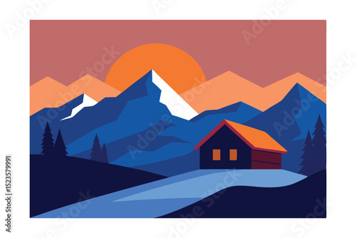 Serene Sunset Mountain Cabin A Peaceful Landscape Illustration
