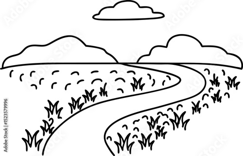 Winding country path with distant hills and clouds simple linear landscape illustration, rural nature scene