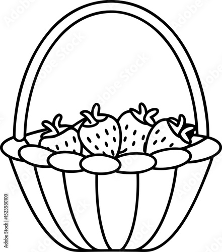 Basket filled with fresh strawberries hand drawn outline style, harvest concept, healthy organic fruit food illustration