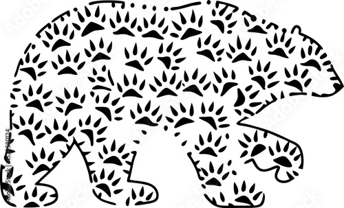 Bear silhouette made of paw print patterns abstract animal design, wildlife concept, creative black and white art