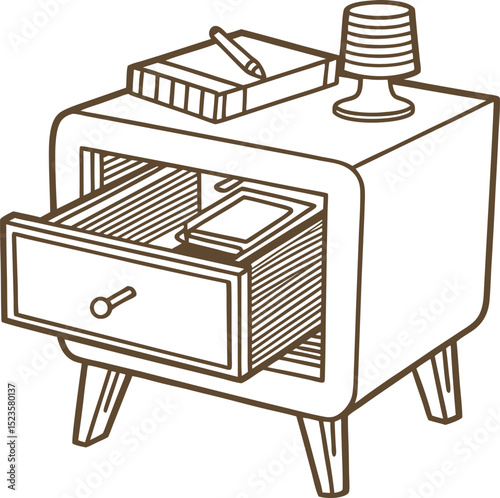 Vintage bedside table with open drawer, lamp, and notebook retro wooden furniture illustration