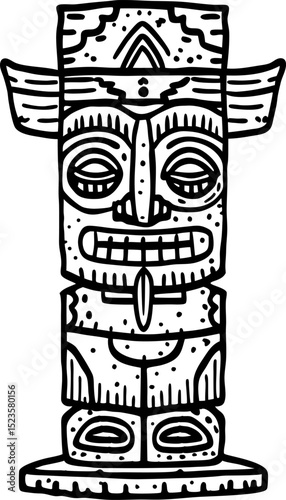 Tribal tiki statue illustration hand drawn polynesian totem design, bold black outline, cultural art symbol