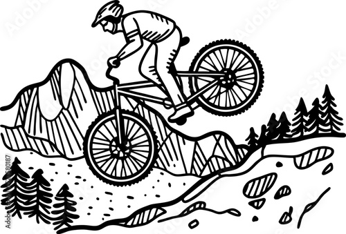 mountain biker riding downhill, jumping off rocky trail extreme cycling sport, adventure in forested mountains