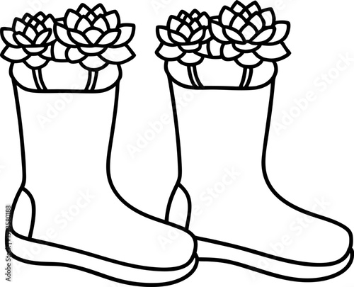Pair of rain boots used as flower planters, blooming succulents for spring and garden decor, creativity concept