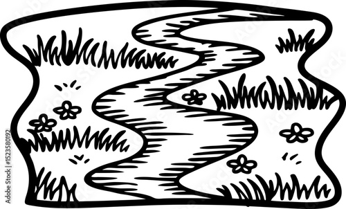 Winding river flowing through grassy meadow with wildflowers, black and white hand drawn landscape illustration