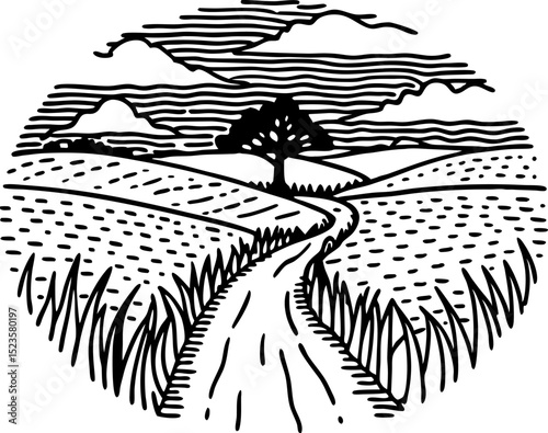 Winding country road through fields with lone tree and clouds, black and white rural landscape illustration