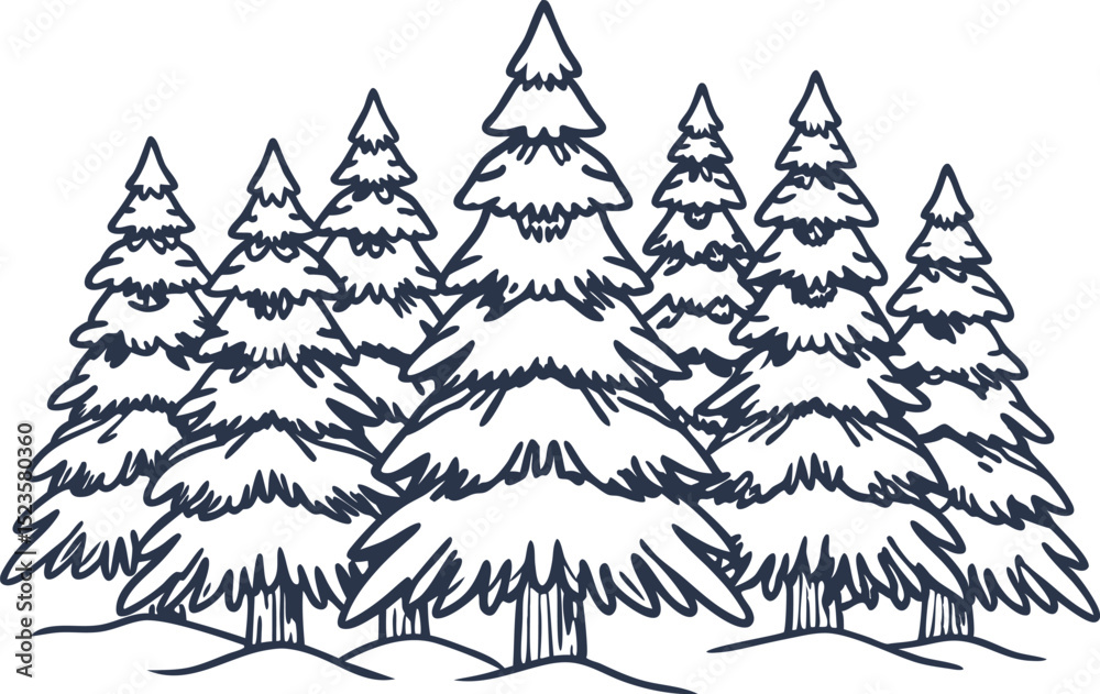 Fototapeta premium Snow covered evergreen pine trees in a winter forest hand drawn outline, dense woodland nature in cold season