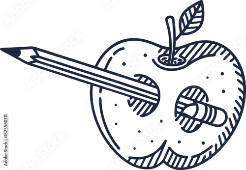 Pencil piercing whole apple hand drawn fruit and school supply, creative education and learning concept illustration