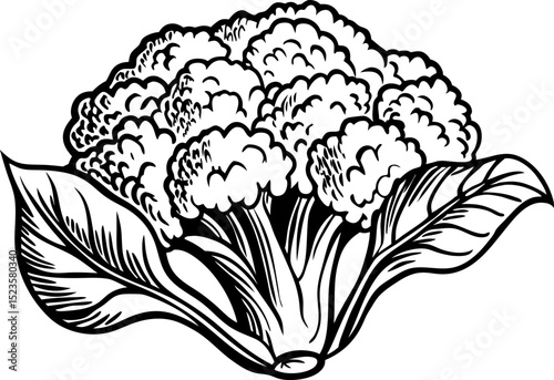 Cauliflower vegetable illustration hand drawn healthy food, fresh organic plant with leaves, monochrome line art