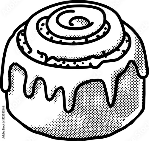 Classic cinnamon roll with icing in vintage engraving hand drawn sweet pastry, retro dessert illustration