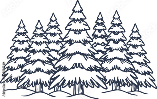 Snow covered evergreen pine trees in a winter forest hand drawn outline, dense woodland nature in cold season