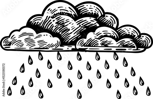 Black and white illustration of rain cloud with falling raindrops hand drawn doodle weather element, storm nature concept