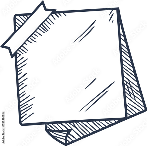 Blank sticky note, hand drawn sketch square memo pad paper with curled corner and tape at top