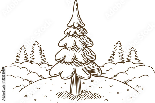 Hand drawn pine tree illustration forest landscape outline with evergreen trees, hill, and simple natural lines