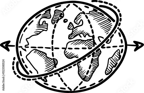 Hand drawn globe illustration with rotation arrows global movement, world geography, international travel sketch
