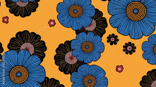 Floral Pattern with Blue and Black Flowers on Yellow Background