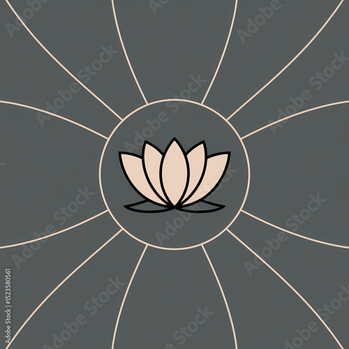 Minimalist Line Art Seamless Pattern of Stylized Lotus Flowers on Dark Gray Background