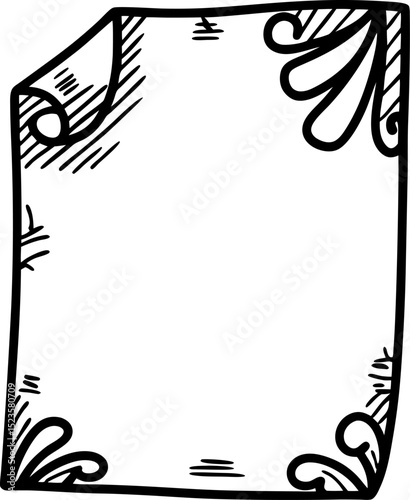 Blank ornate frame with floral decorative corners hand drawn vintage border, empty paper template illustration
