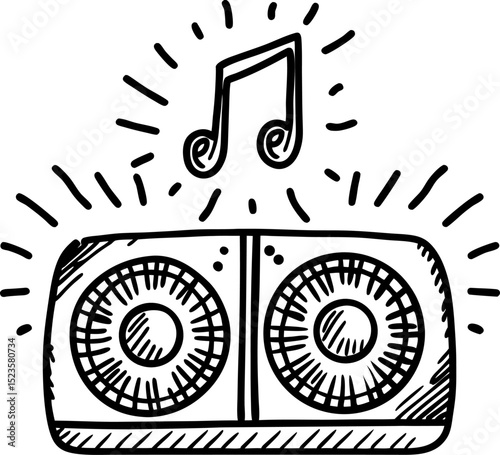 Retro music player sketch hand drawn boombox with sound waves and music note, vintage audio illustration
