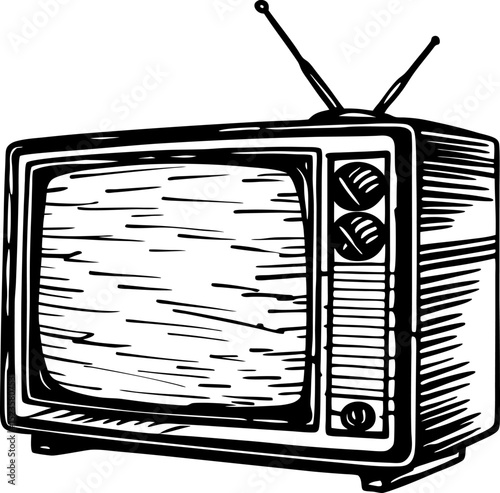 Retro television set illustration with antennas vintage old tv device, static screen, hand drawn black and white