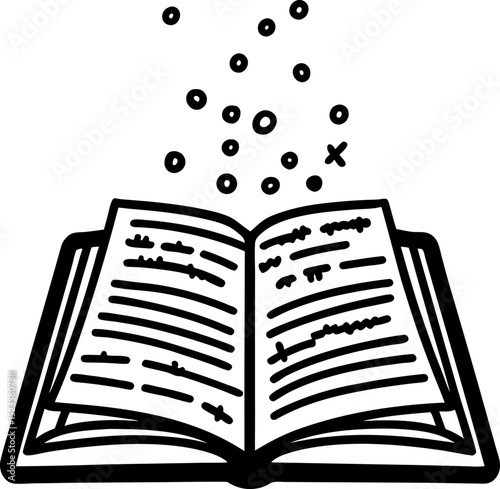 Open book with flying magical sparks fantasy literature, imagination, learning, storytelling icon illustration