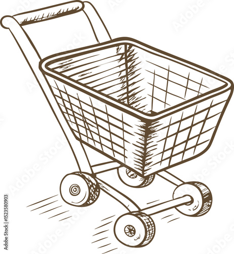 Hand drawn empty shopping cart isolated on white retail store trolley icon, market basket illustration