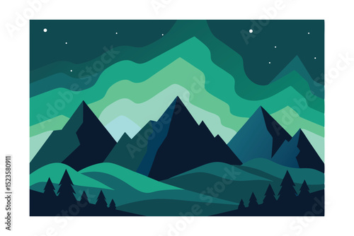 Serene Night Mountains Under the Aurora Borealis - A Flat Design Illustration