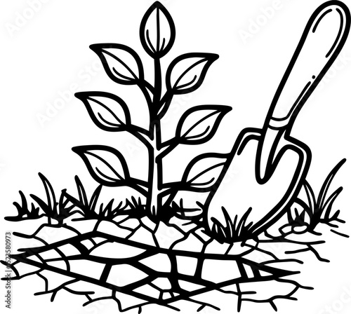 Gardening in dry soil seedling and trowel in arid ground, drought and climate change impact on agriculture