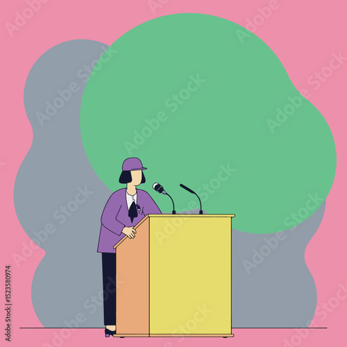 Woman Speaking at Podium with Microphones