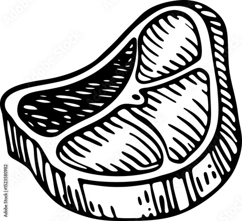 Raw meat steak illustration hand drawn beef cut, black and white engraving style, butcher shop or cooking ingredient