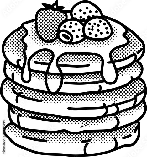 Stack of delicious pancakes with syrup, strawberry and blueberries vintage hand drawn breakfast food illustration