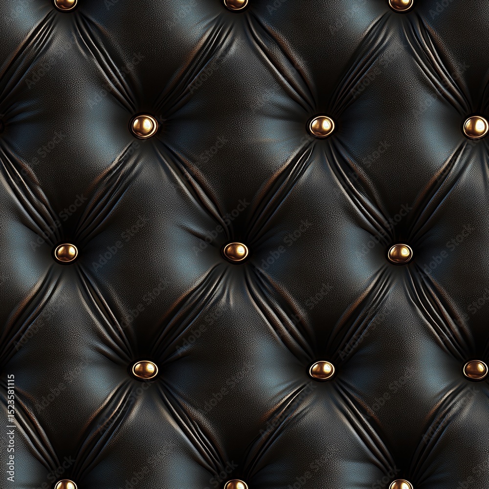 Naklejka premium Seamless pattern of luxurious black leather upholstery with classic diamond tufting and gleaming golden buttons. Ideal for sophisticated design backgrounds.