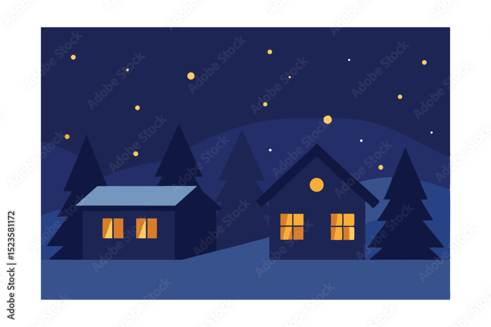 Fototapeta premium Cozy Winter Night Illuminated Houses in a Starlit Landscape