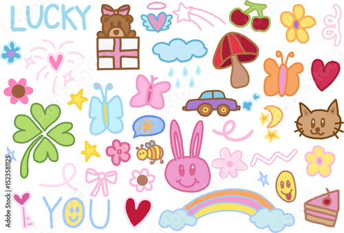 Cute hand drawn illustrations of teddy bear and gift box, pink bunny, cat, cake, heart, butterfly, cherry, mushroom, flowers, rainbow, car, clover leaf, lucky letters for decorations, cartoon, animals