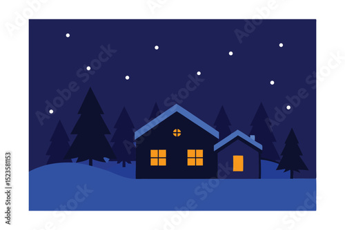 Cozy Winter Night Cabin in Snowy Woods Under Starry Sky