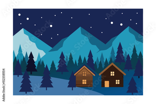 Serene Night in the Mountains Cozy Cabins and Starry Sky Illustration