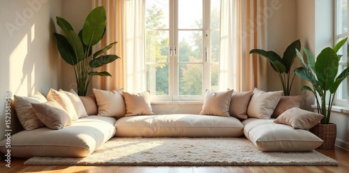 Serene relaxation seating area featuring plush cushions, soft blankets, and natural light filtering through sheer curtains Perfect for meditation, yoga, or simply unwinding , zen, meditation, quiet