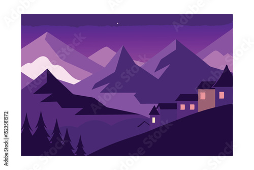 Purple Mountain Majesty Serene Village at Dusk Illustration