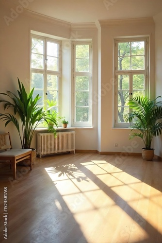 Sunlight streams through numerous windows illuminating a bright, airy interior space, casting warm shadows on the floor and walls Perfect for home, office, or lifestyle themes , tranquil, floor