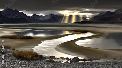 Dramatic light over mountain lake scenery
