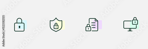 Minimalist security icons set. Thin line editable. 4 type. Simple design. Vector illustration.
