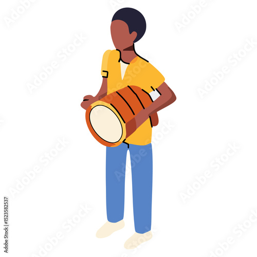 A man holding a traditional African drum, wearing a dashiki shirt. 