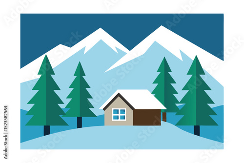 Cozy Winter Cabin nestled in Snowy Mountains A serene winter landscape illustration