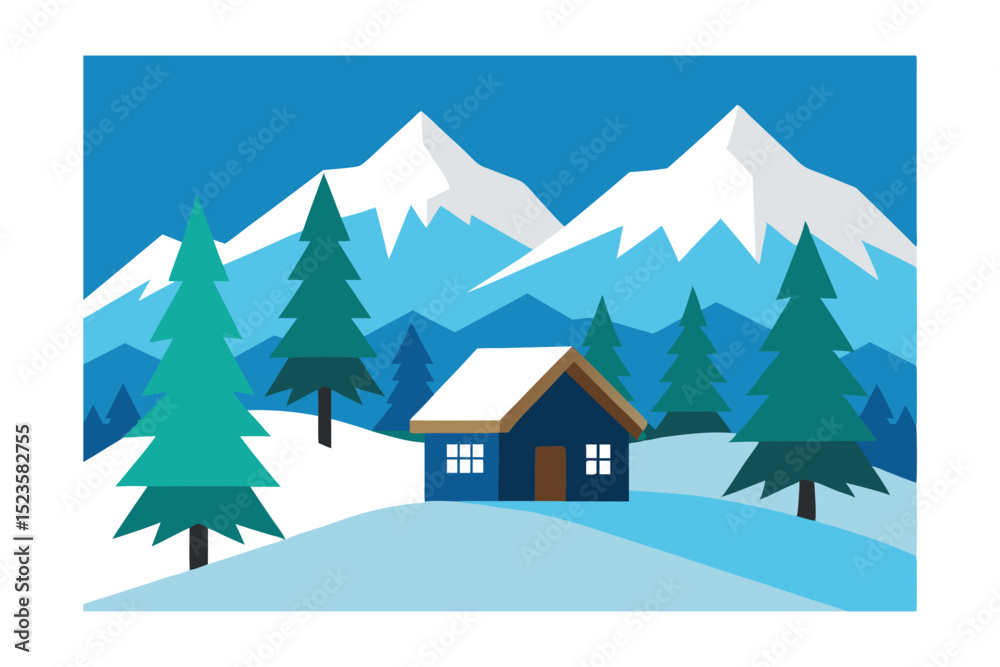 Fototapeta premium Serene Winter Mountain Cabin A Snowy Escape Illustration