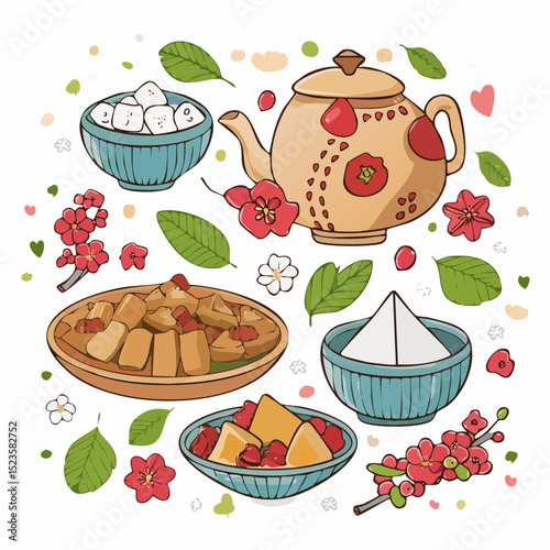 A charming illustration of various dishes, a teapot, and floral elements arranged on a white background, perfect for culinary or cultural themes.