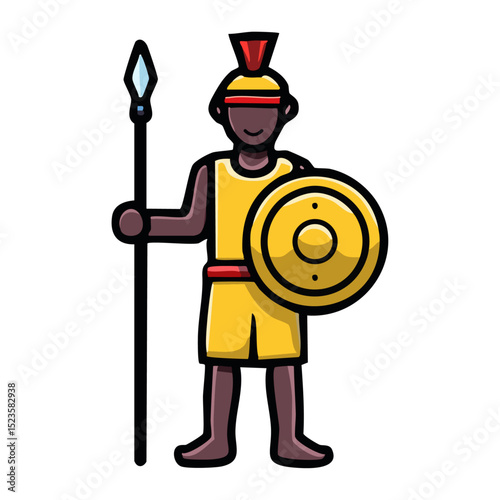 A strong warrior holding a shield and spear, wearing traditional African attire. 