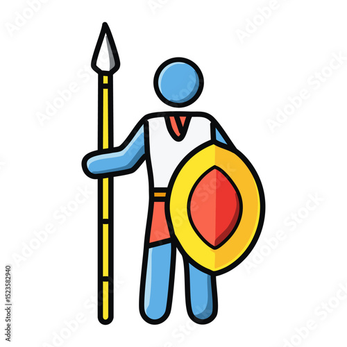 A strong warrior holding a shield and spear, wearing traditional African attire. 